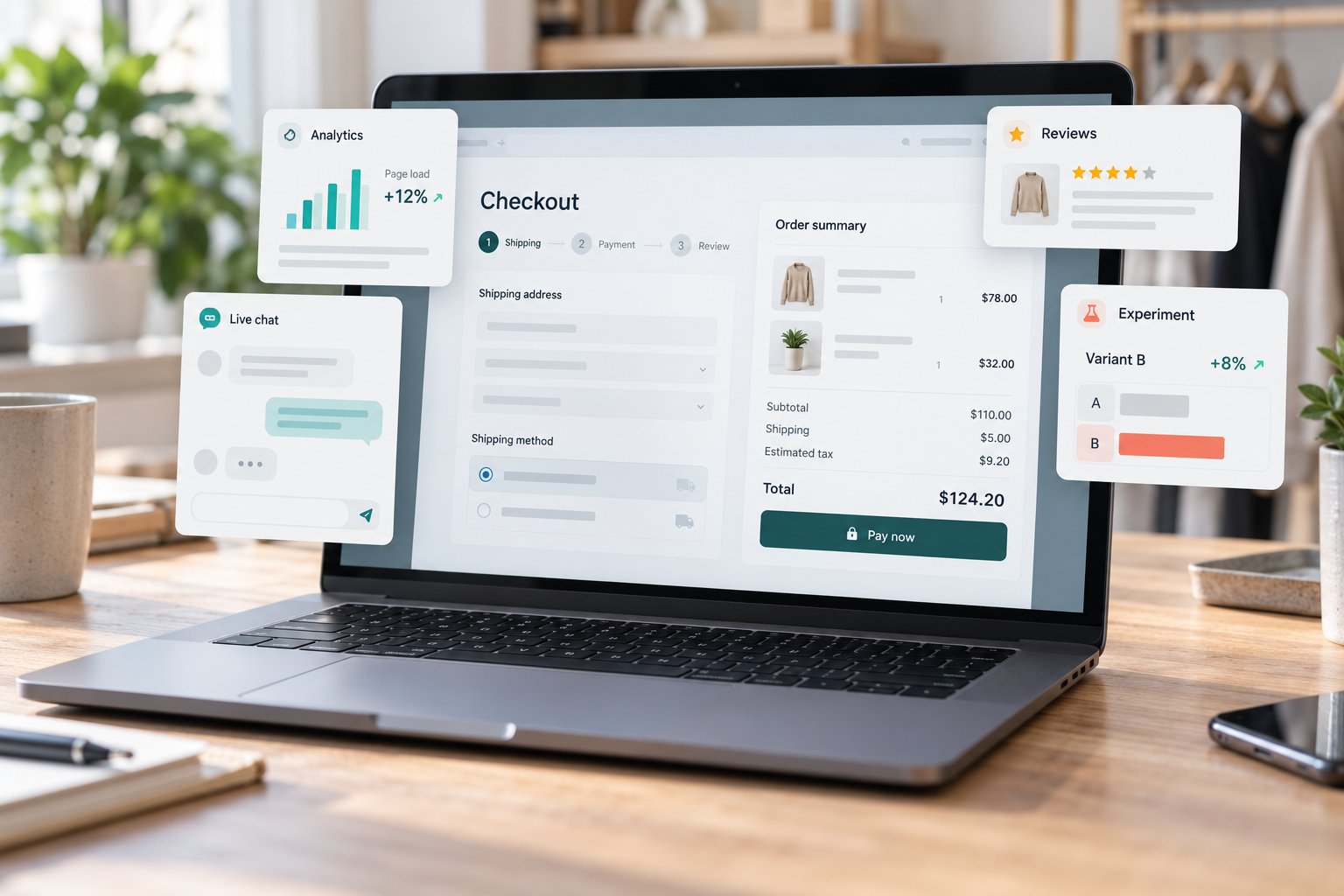 Checkout page surrounded by analytics, live chat, reviews, and A/B testing widgets