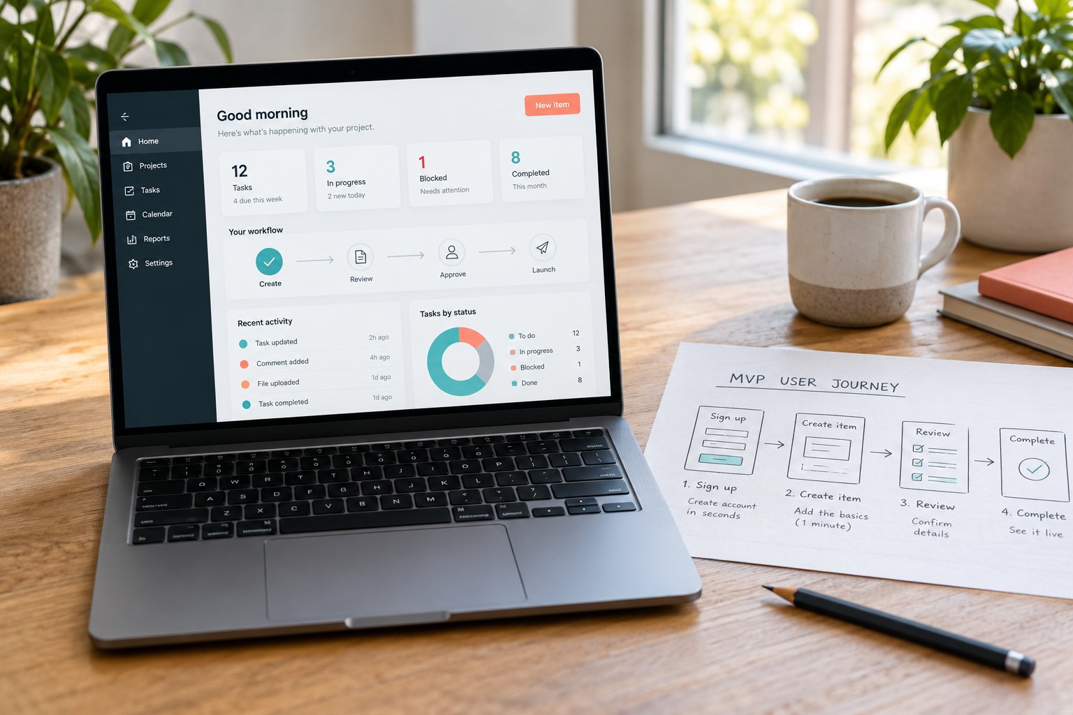 Focused SaaS MVP workflow on a laptop next to a short user journey sketch